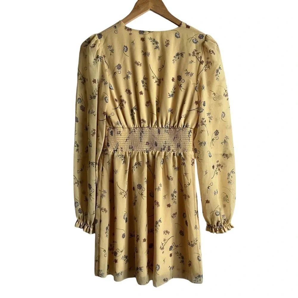 Aritzia Wilfred Wistful Dress XS Yellow Floral Chiffon Smocked Mini - Picture 5 of 10